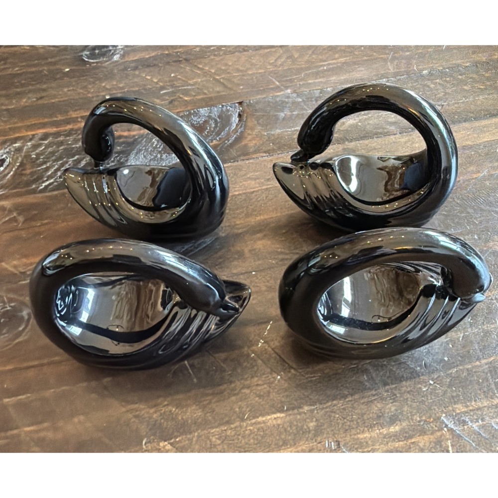 Vtg Fitz and Floyd Glass, Black Swan Napkin Rings FF Japan RARE Set Of 4